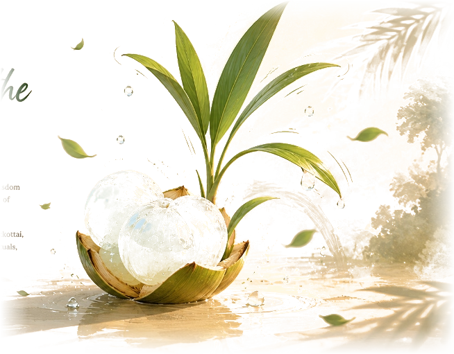 Realistic Split Palm Husk Pod holding Crystalline Translucent Ice Apples and Palmyra Sprout leaves