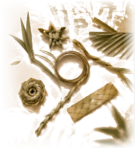 Traditional hand-woven Palmyra palm-leaf crafts, woven roses, stars, coiling rings, and textured leaf fronds
