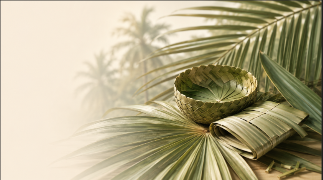 Traditional hand-woven Palmyra palm-leaf crafts, woven bowl, rolled leaf and sunlit branches