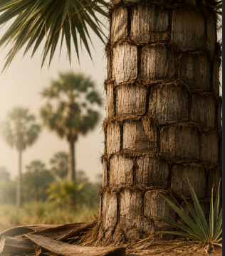 Majestic Palmyra palm tree trunk showing textured scar rings under golden sunbeams
